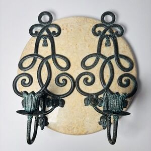 Pair Victorian Style Wall Mounted Sconce Candle Holder Green Patina Andrea Sadek